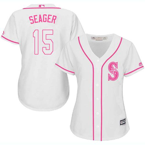 Mariners #15 Kyle Seager White/Pink Fashion Women's Stitched MLB Jersey - Click Image to Close